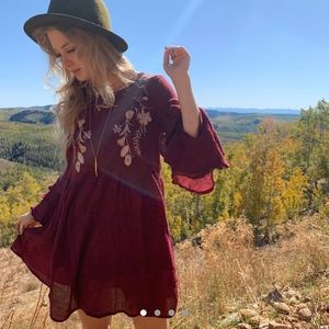 Wine colored Boho Dress beautifully embroidered